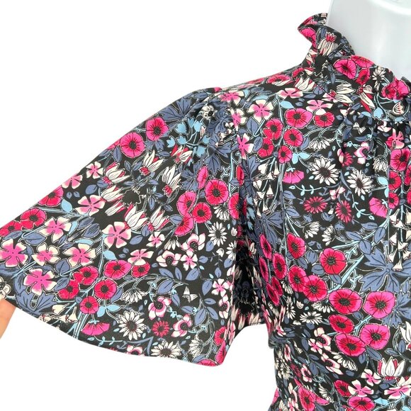 Julia Jordan Floral Ruffle Neck Flutter Sleeve Midi Dress Black Multi Size 2 - Picture 4 of 11